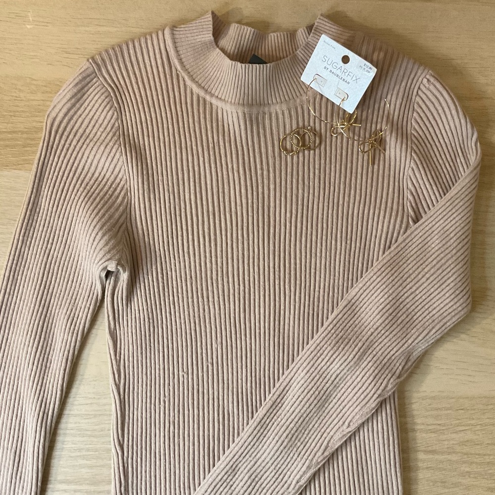 Cream Mock Neck Ribbed Sweater